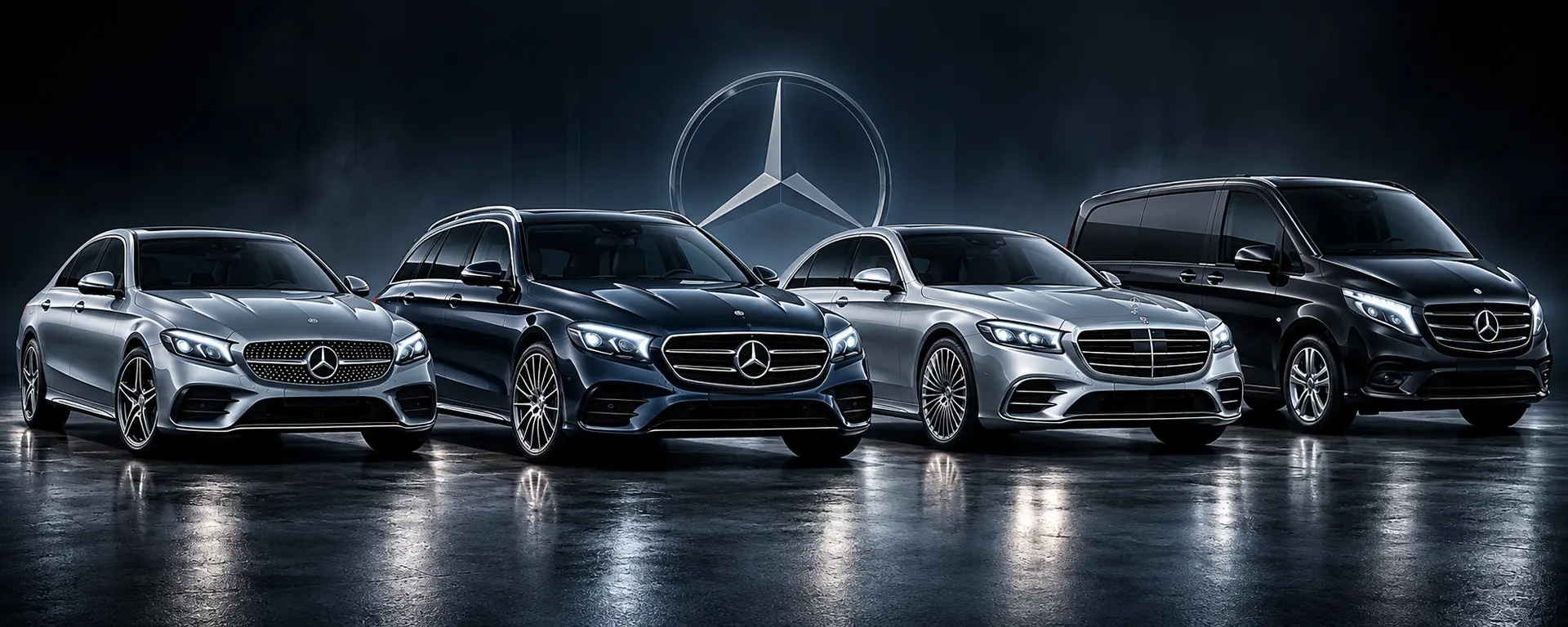 Четири автомобила Mercedes-Benz: два седана, комби и ван в тъмна студийна сцена