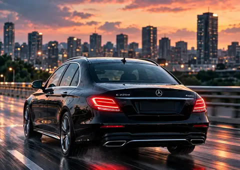 Илюстрация на черен Mercedes-Benz E 220 d при залез