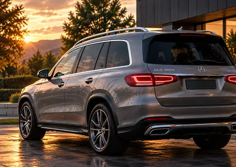 Илюстрация на сребрист Mercedes-Benz GLS при залез